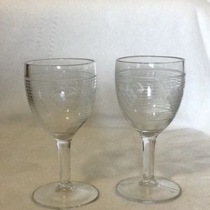Vintage Depression Pressed Glass "Grape on Grid" Wine Cordial Stem Glasses (2)